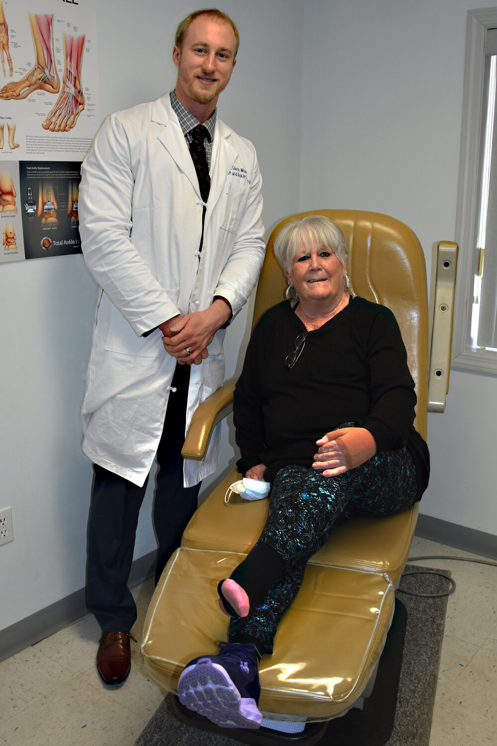Dr. Glenn Woodley, left, is pictured with ankle-replacement patient Maureen McHale.